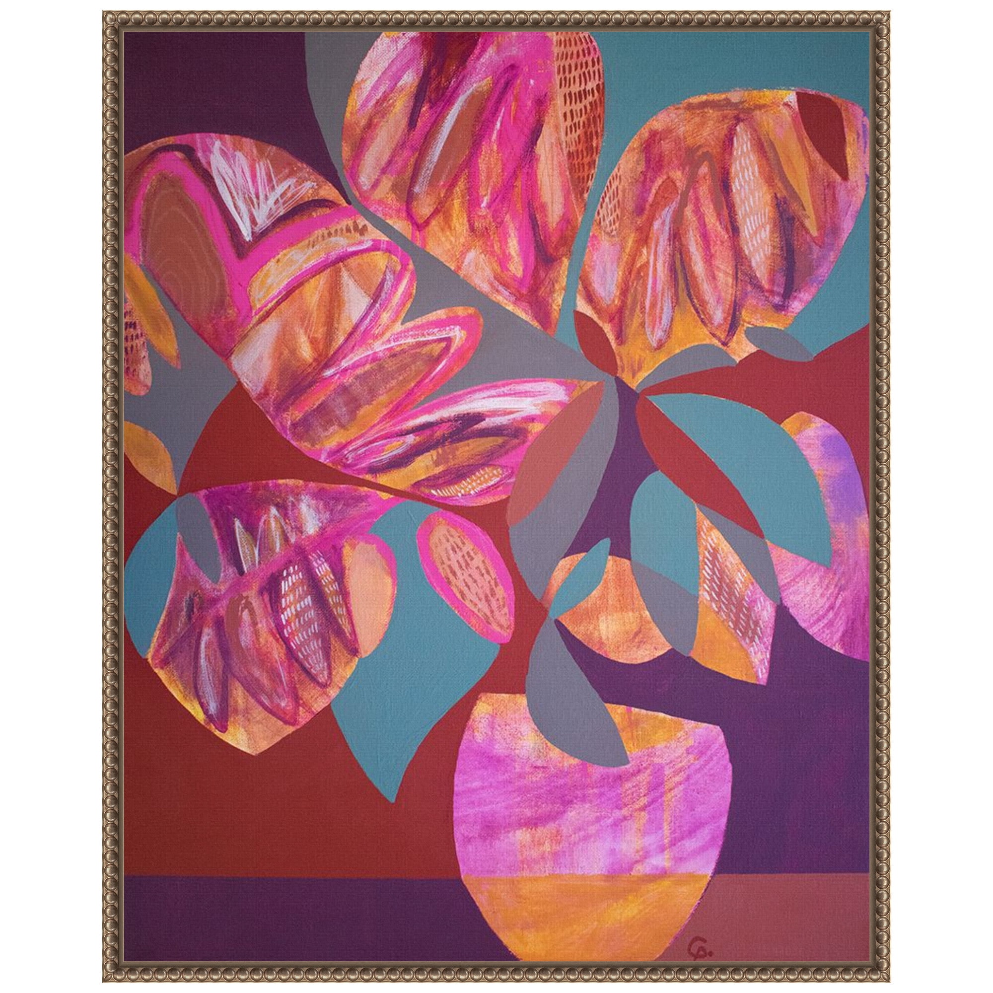 Pink and Orange Abstract Floral Beaded Framed Canvas Art