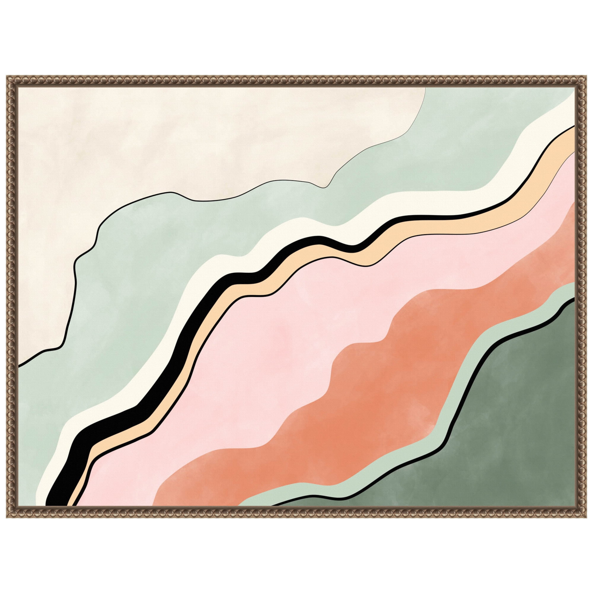 Pink and Green Abstract Canvas Framed Wall Art with Beaded Perimeter