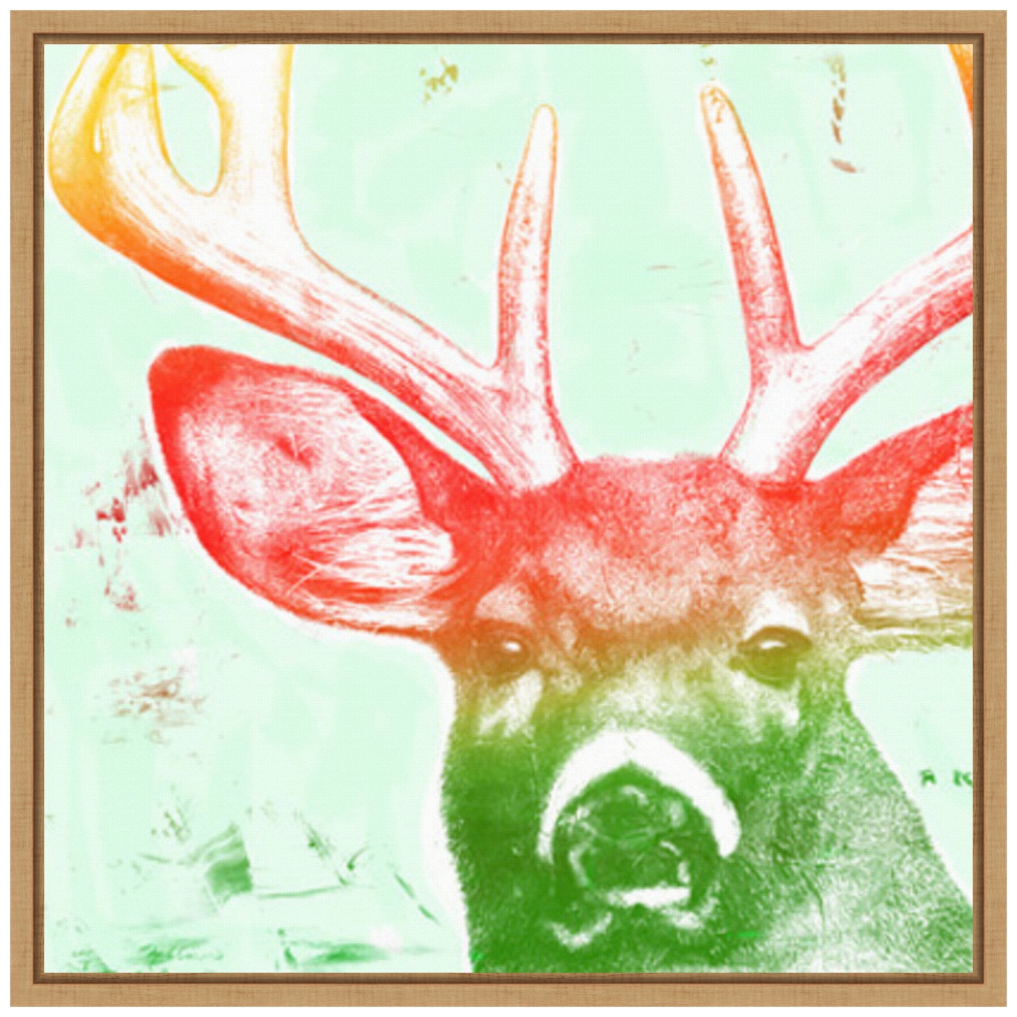 22"x22" Colorful Deer Portrait on Canvas with Maple Frame