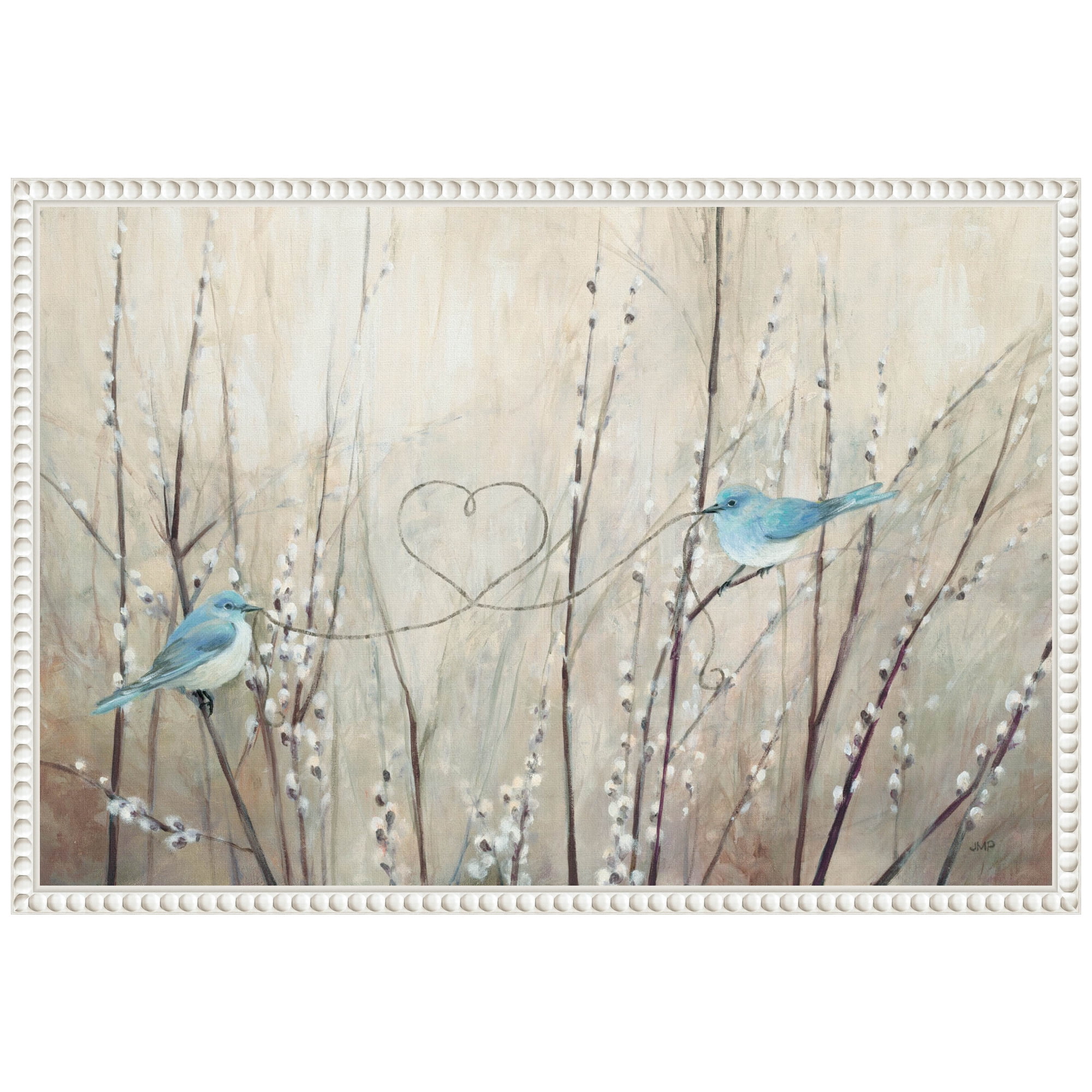 23"x16" Pretty Birds Neutral String Canvas Wall Art with White Beaded Frame