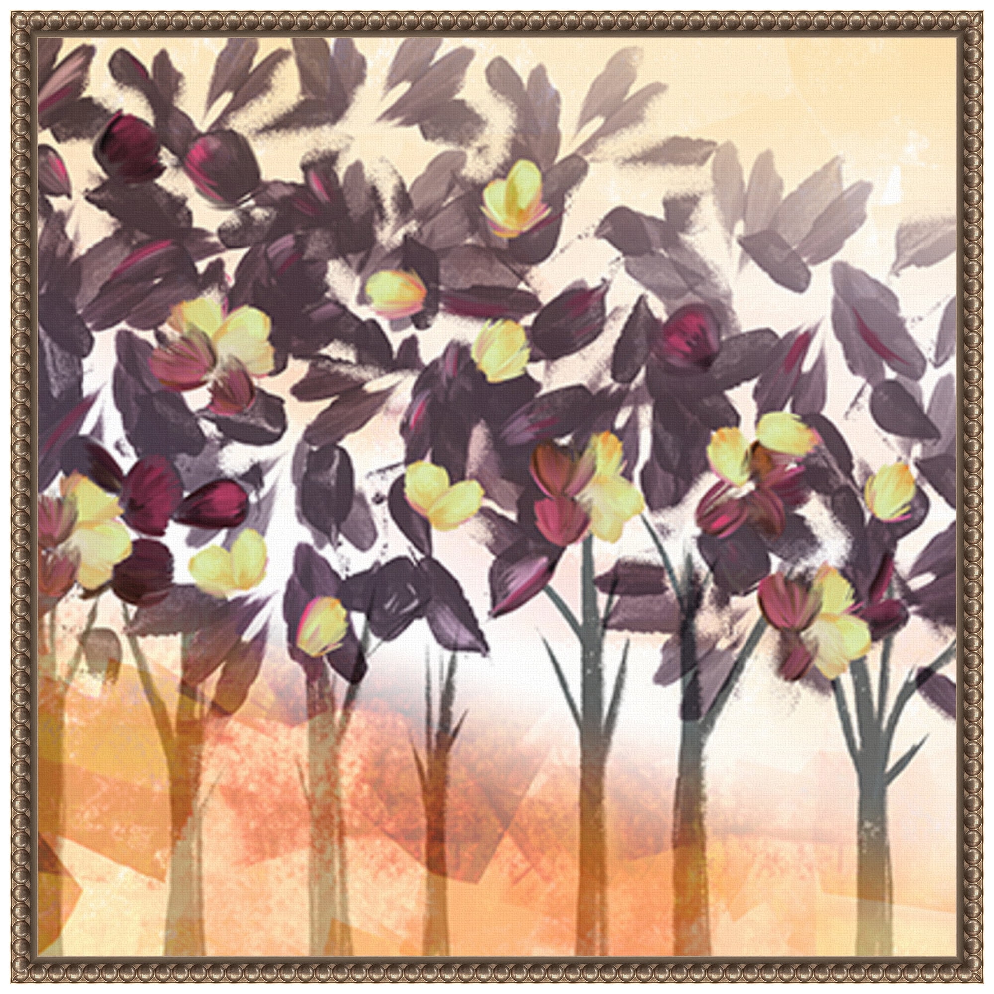 Northern Lights Purple Trees Abstract Canvas Wall Art with Bronze Frame