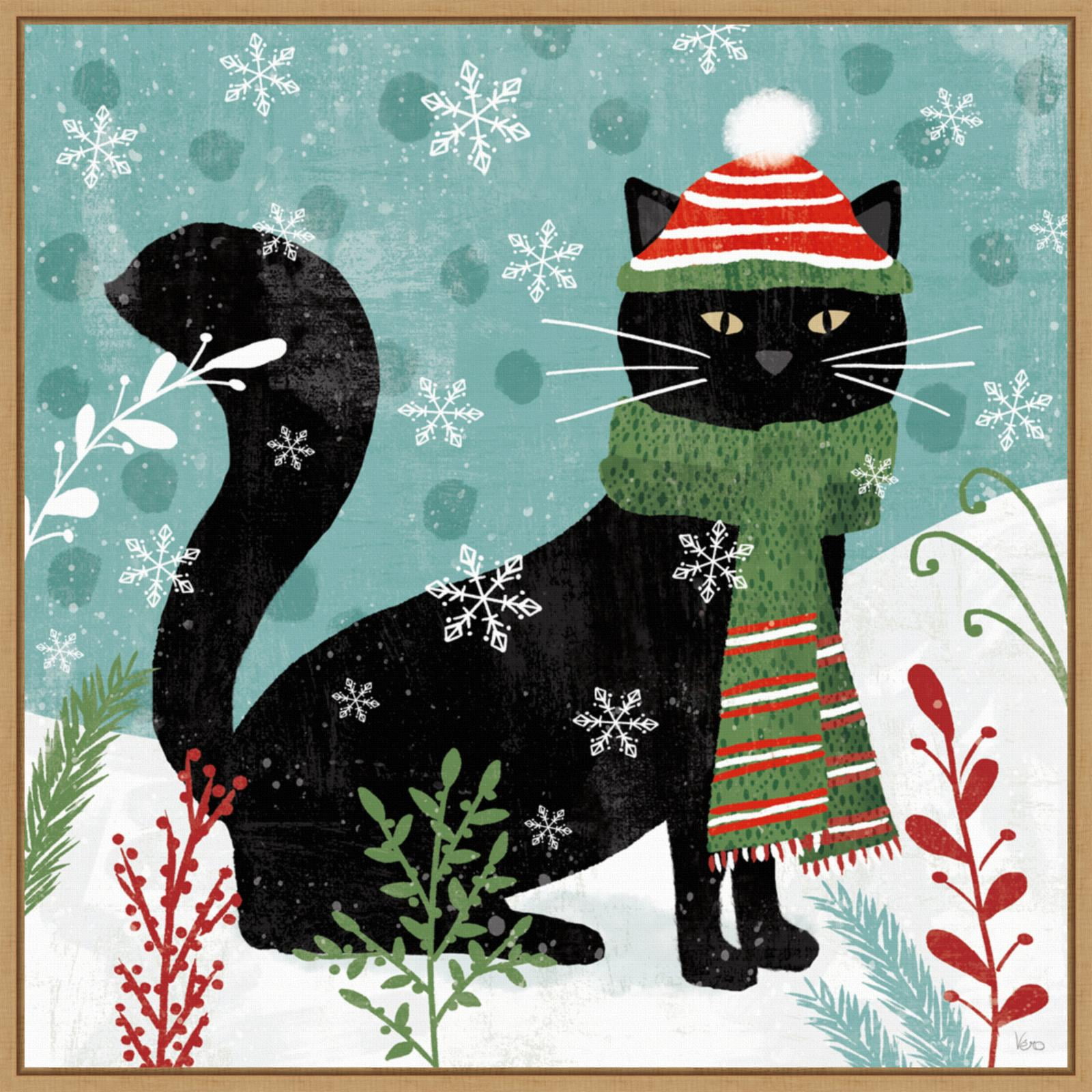 Purrfect Holiday Black Cat Framed Canvas Print, 22" x 22"