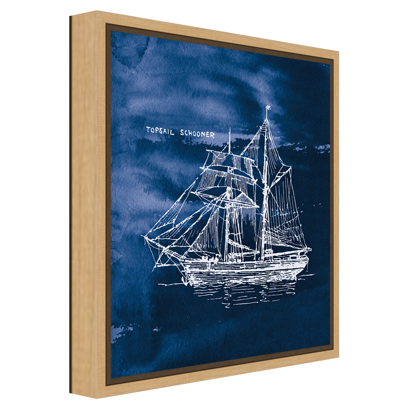 Indigo and White Sailing Ship Canvas Wall Art with Gray Frame