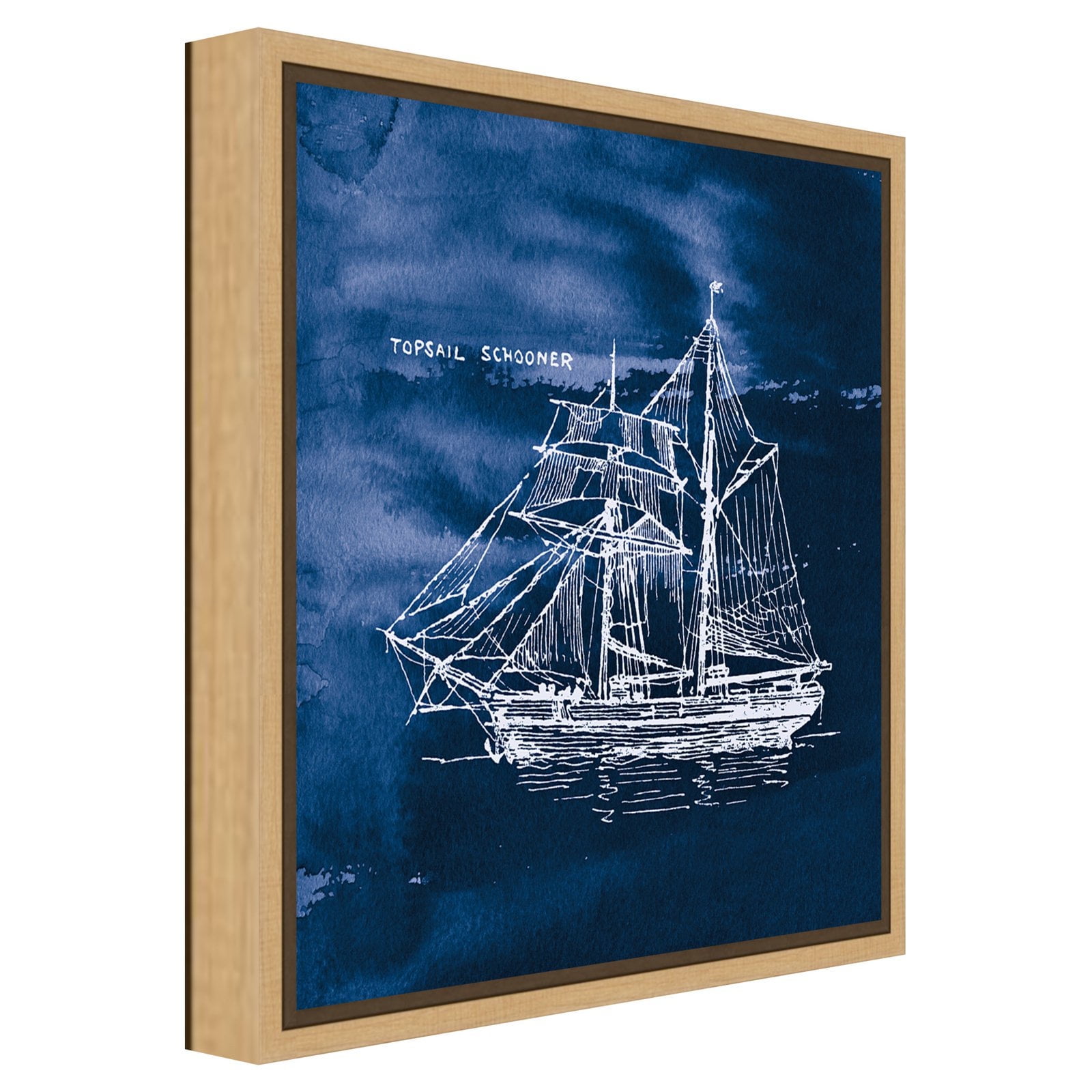 Indigo and White Sailing Ship Canvas Wall Art with Gray Frame