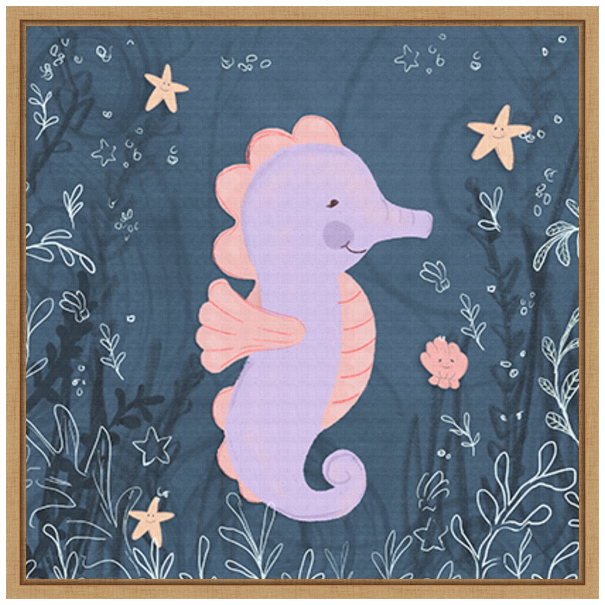 Seahorse and Turtle Blue I Pastel Canvas Wall Art with Maple Frame