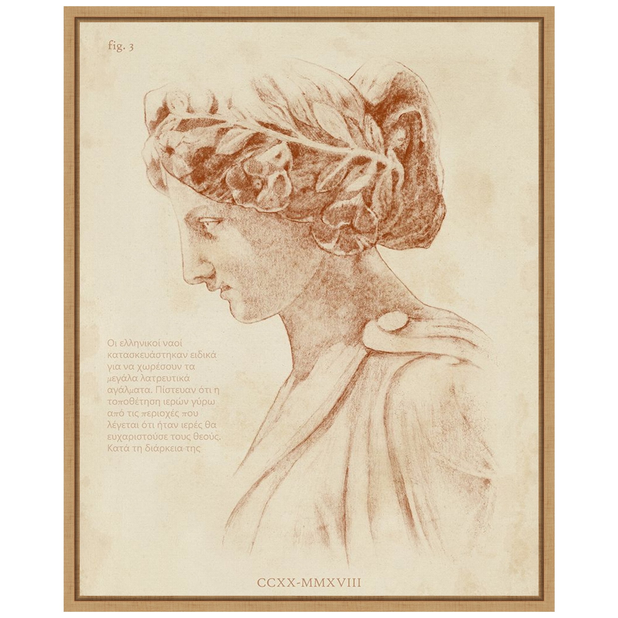 Sepia Greek Statues I by Annie Warren 23"x28" Brown Canvas Wall Art with Maple Frame