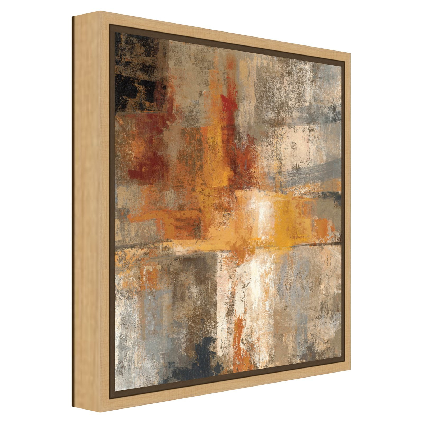 Amber and Silver Abstract Canvas Print in Maple Frame