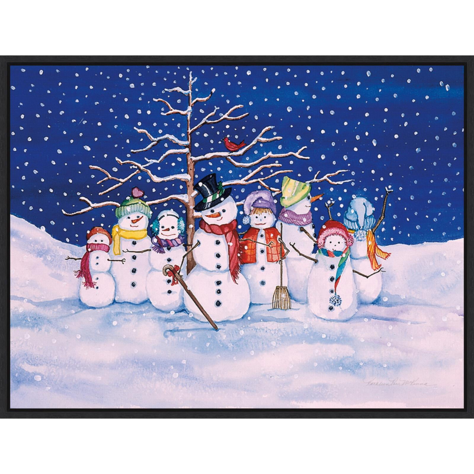 Snow Family Framed Canvas Wall Art Print in Black Frame