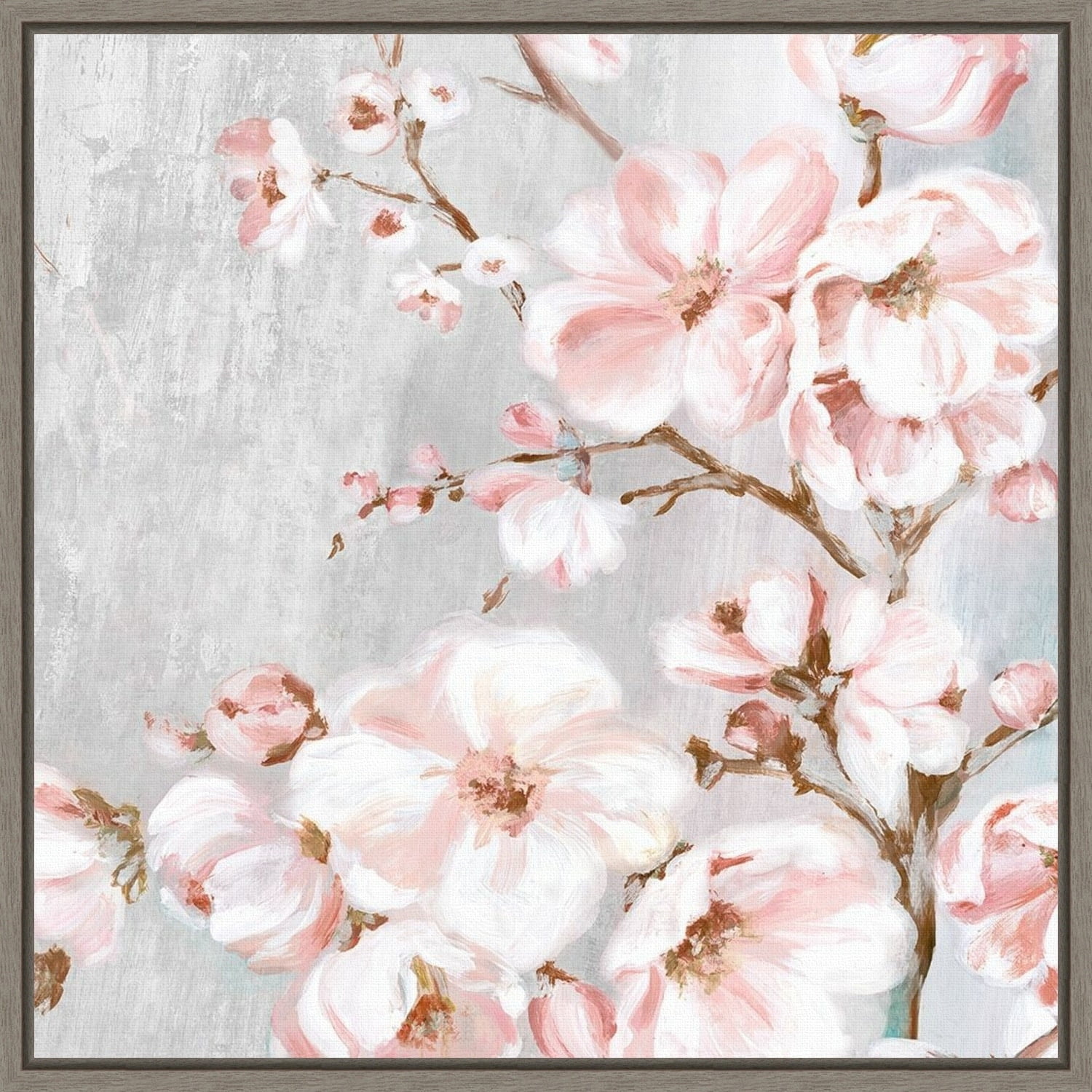 Spring Cherry Blossoms Pink and Gray Framed Canvas Wall Art