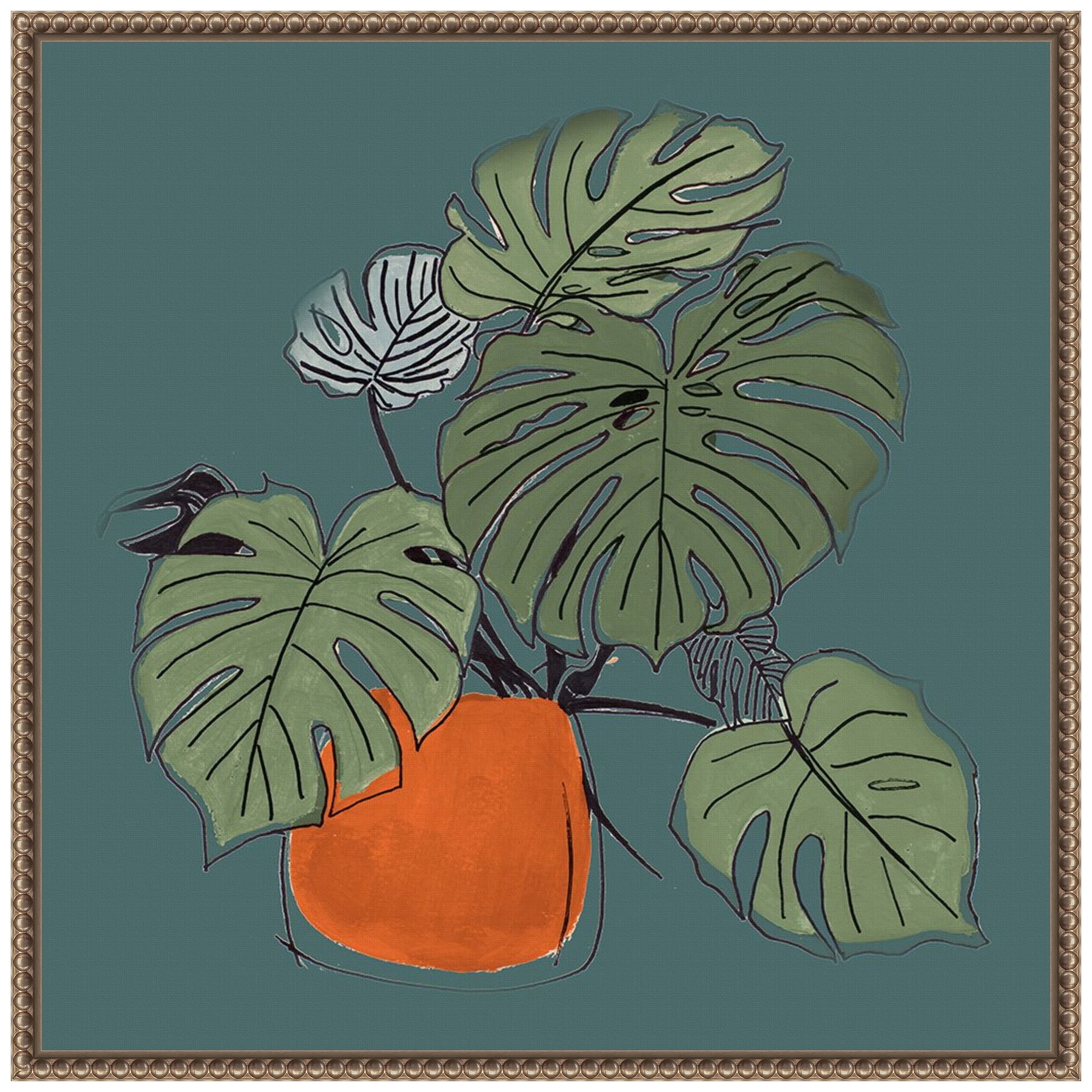 Retro Potted Plant on Teal Canvas Wall Art with Bronze Frame