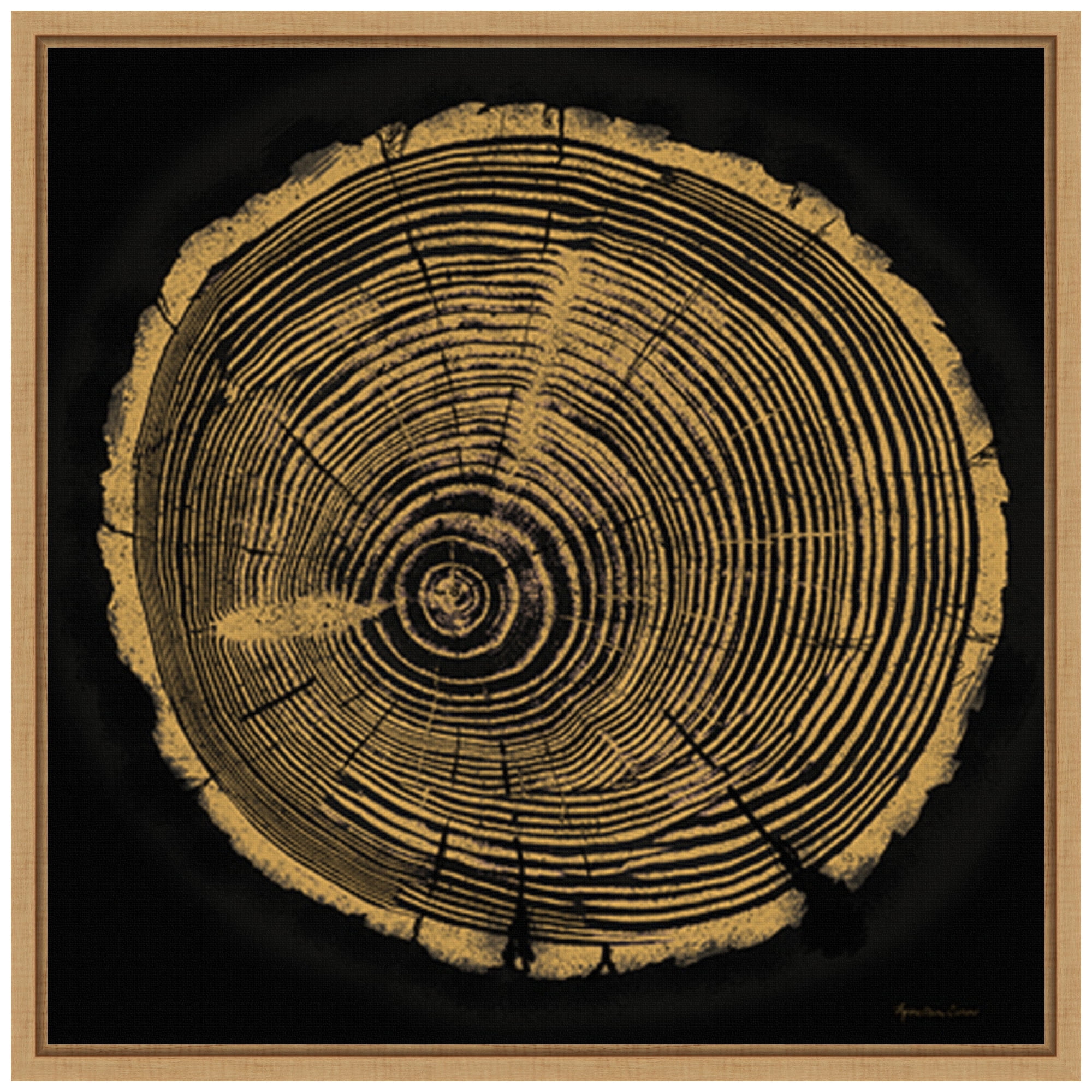 Tree Trunk I Abstract Golden Rings Canvas Wall Art in Maple Frame