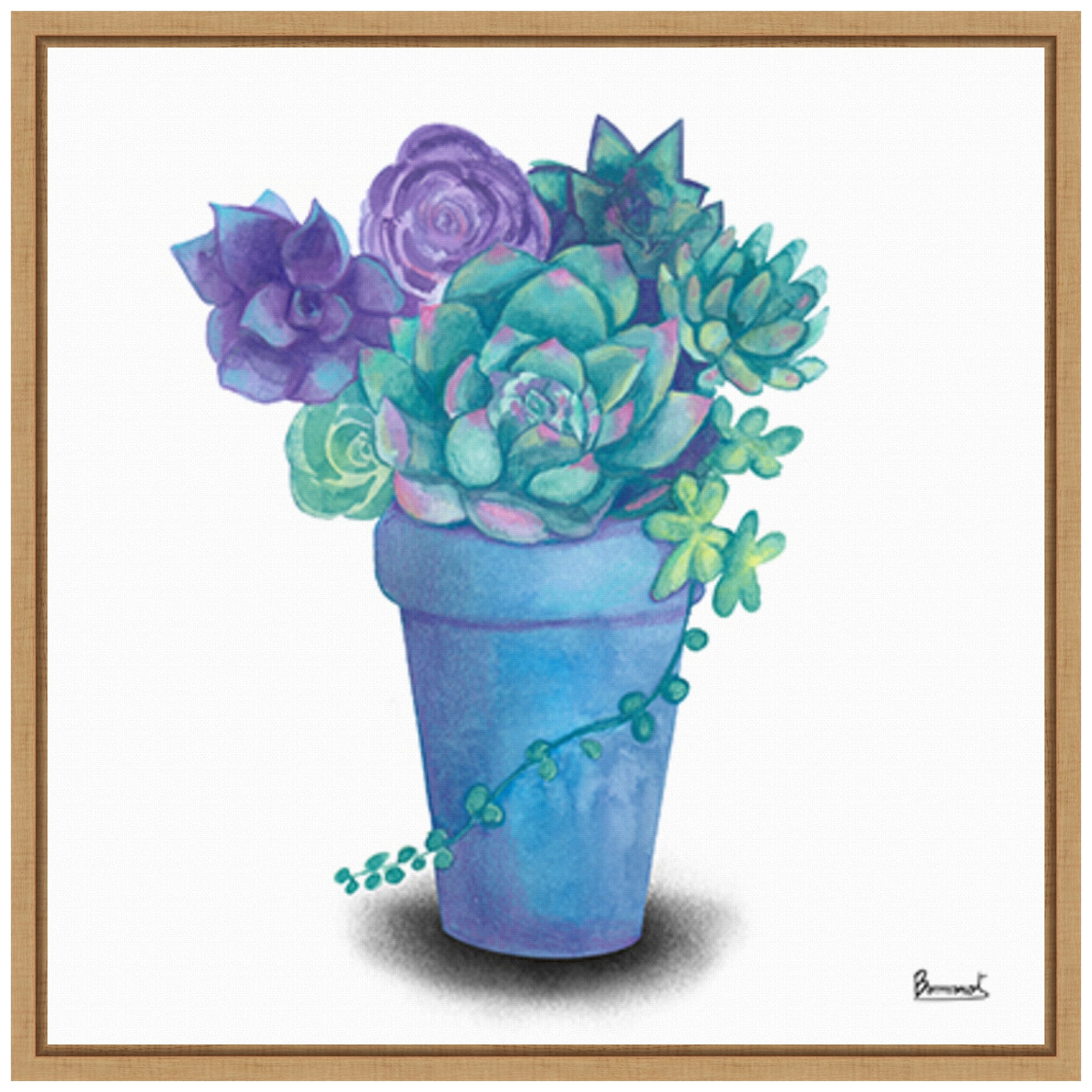 Turquoise Succulents IV Watercolor Canvas with Maple Frame