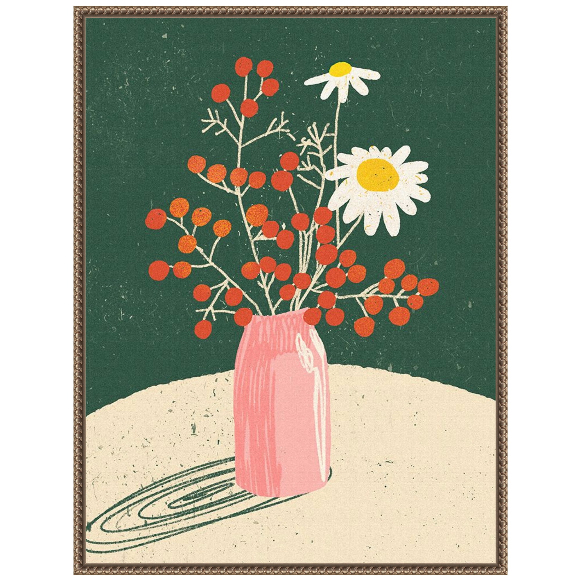 Beaded Bronze Framed Botanical Canvas Print with Pink Vase