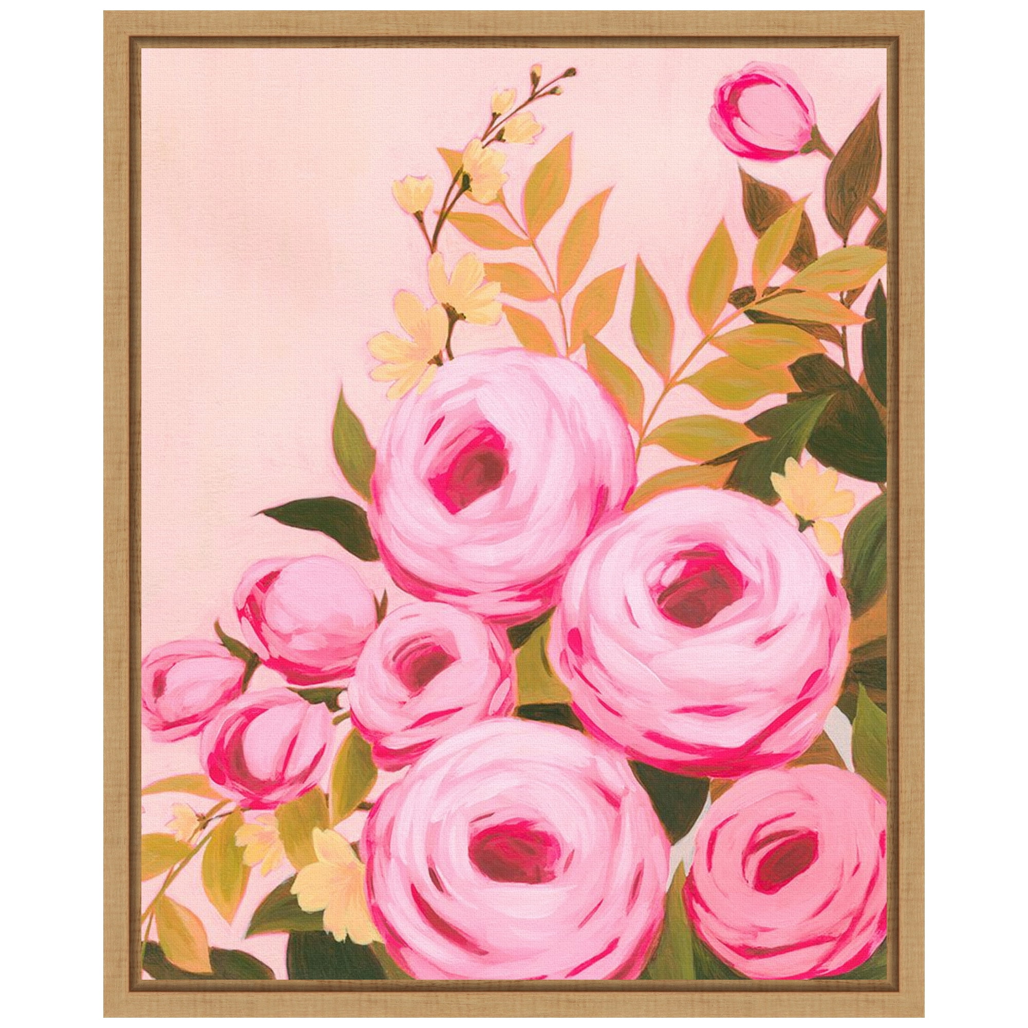 Vibrant Roses II Pink Floral Canvas Art with Maple Frame
