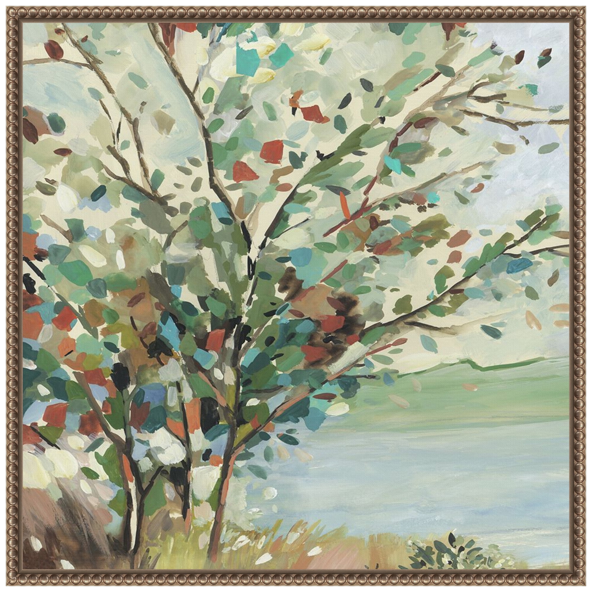 Vibrant Tree Branch Landscape Canvas Print with Brown Frame