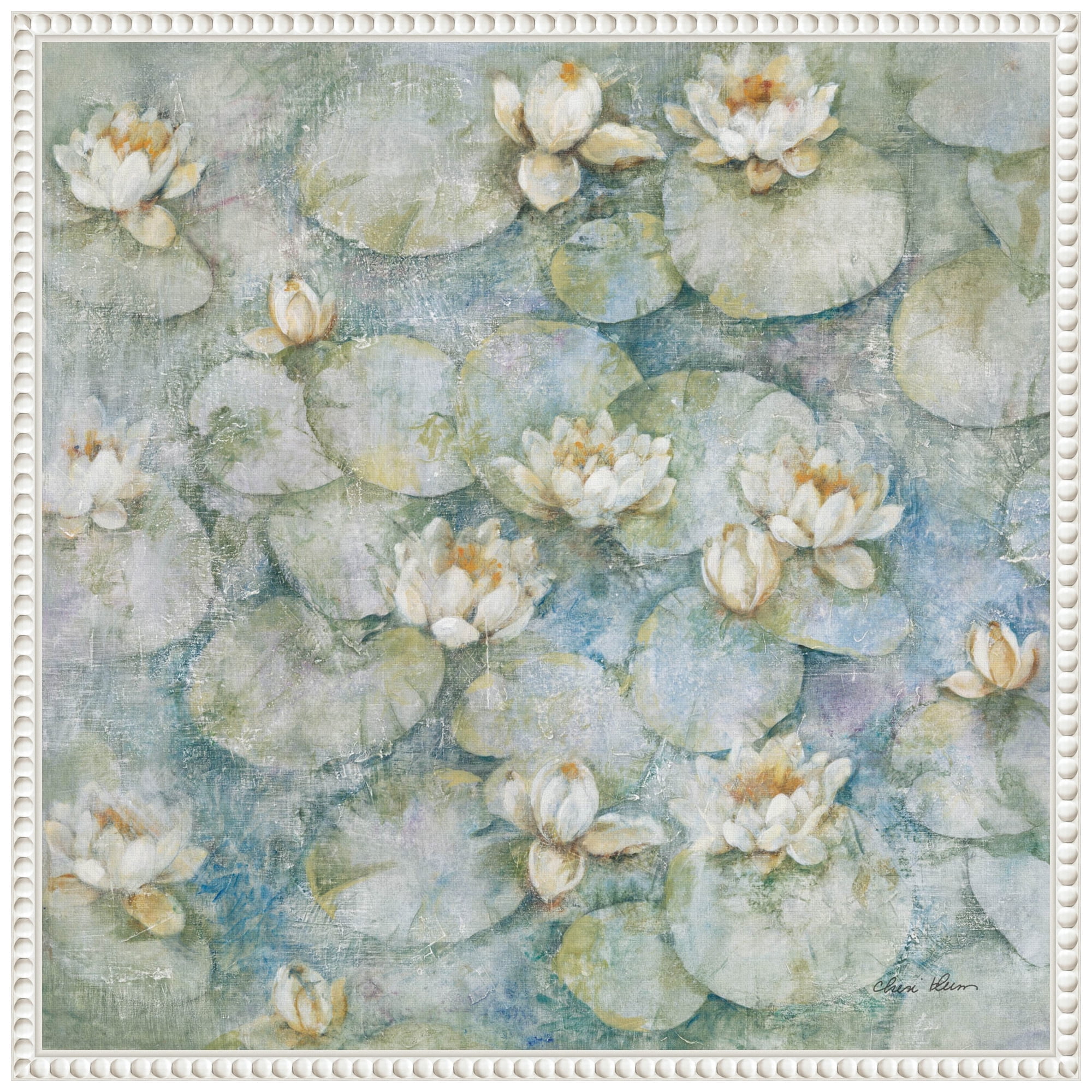 Cheri Blum Water Lilies Botanical Canvas Print with White Frame