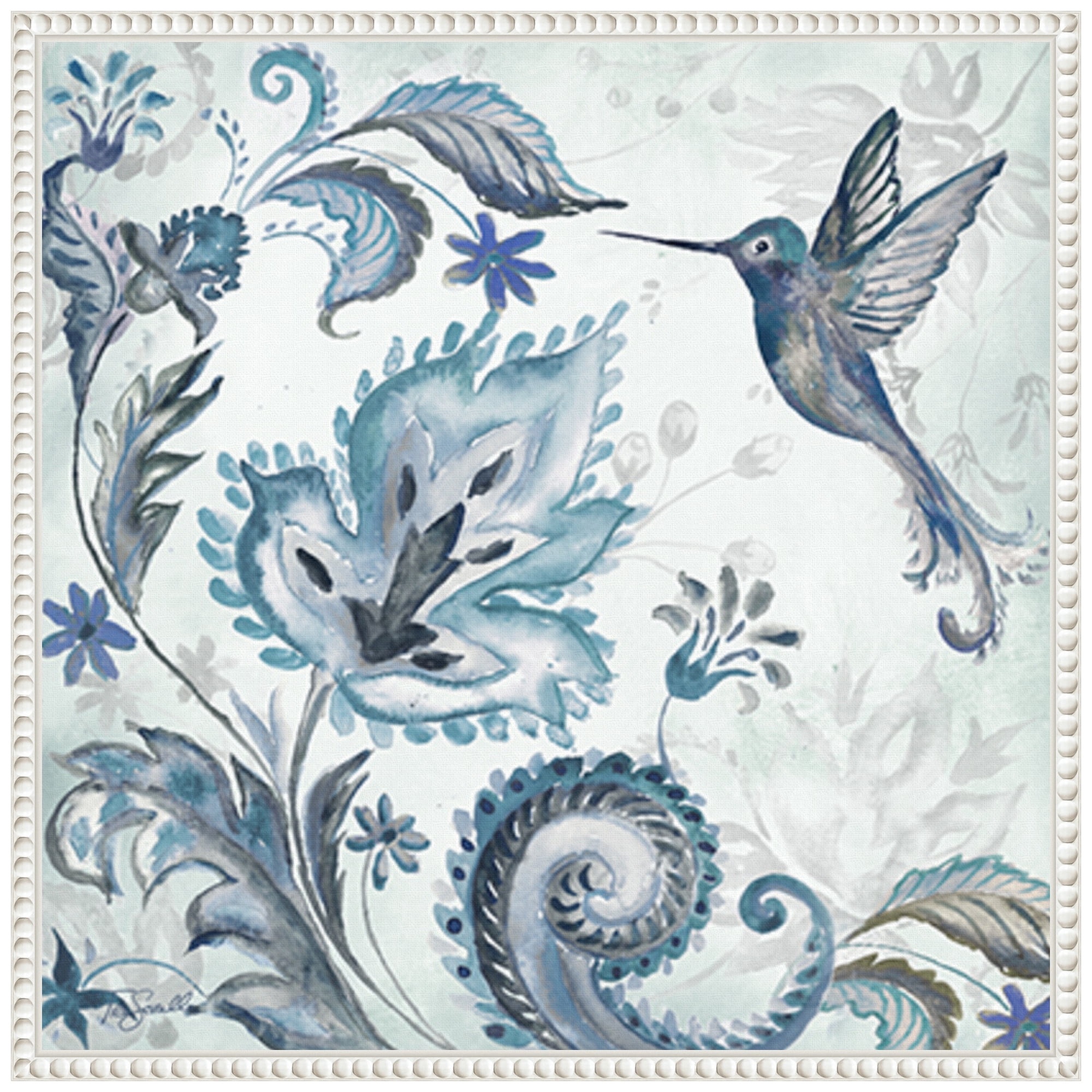 Watercolor Boho Blue Hummingbird Canvas Wall Art in White Frame