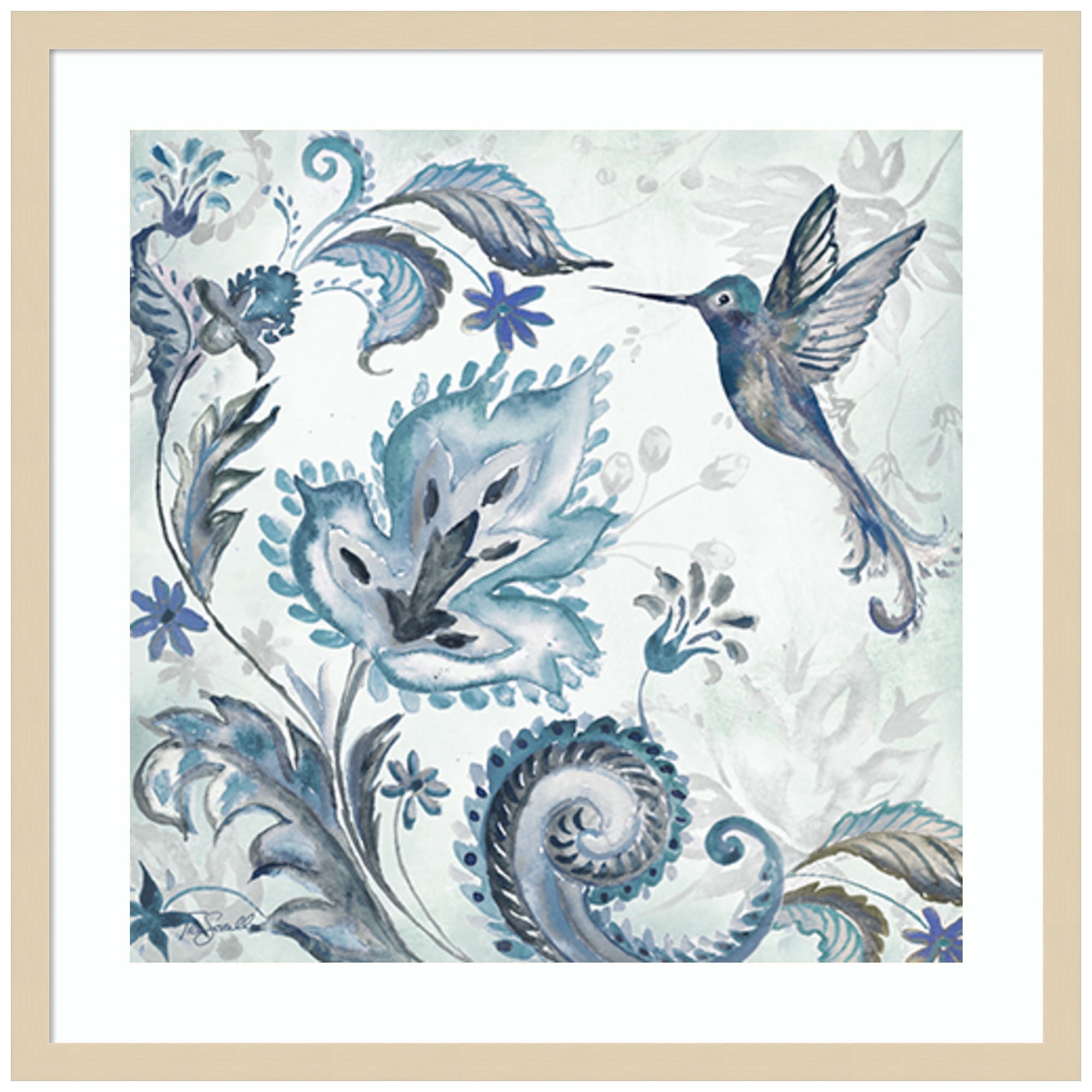 Amanti Art Watercolor Boho Blue Hummingbird II Wood Framed Wall Art ...