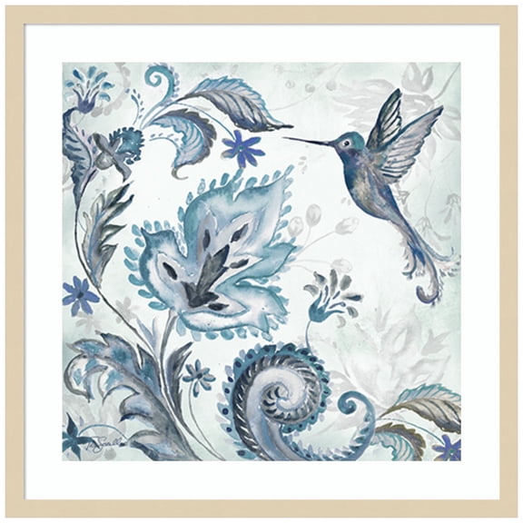 Amanti Art Watercolor Boho Blue Hummingbird II Wood Framed Wall Art Print
