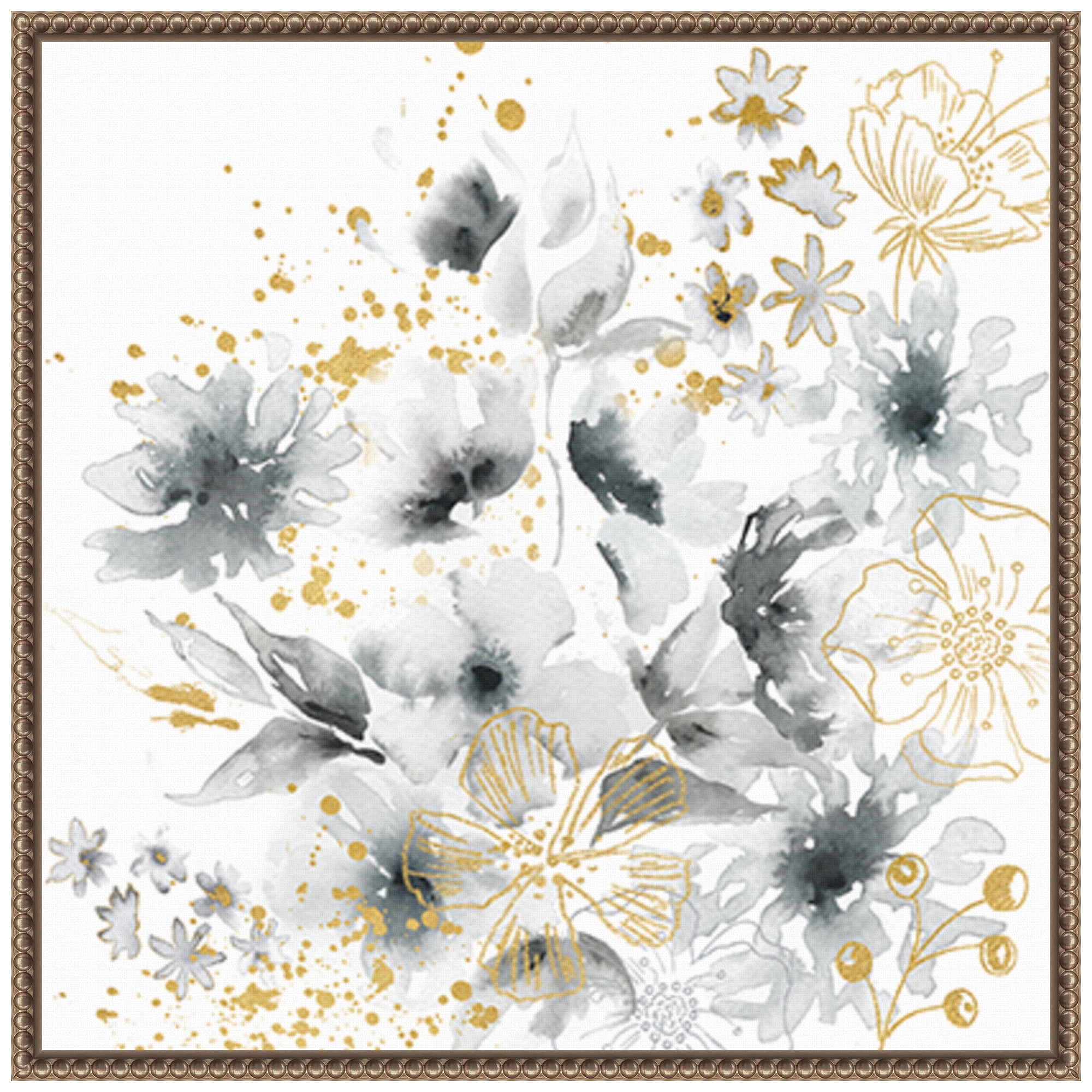 Watercolor Gray and Goldenrod Floral Canvas with Bronze Frame