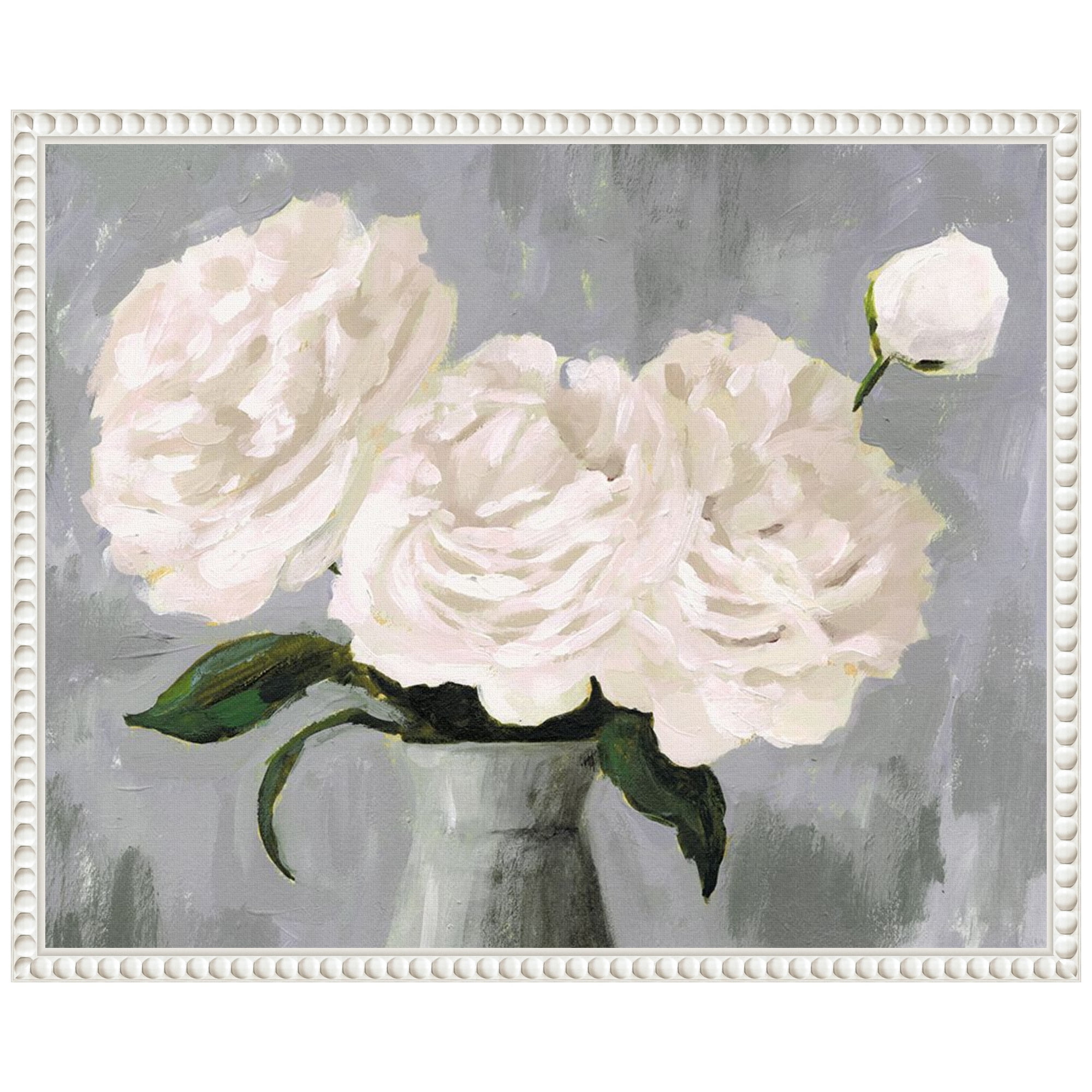 White Blooms in Gray Vase II Canvas Print with White Frame