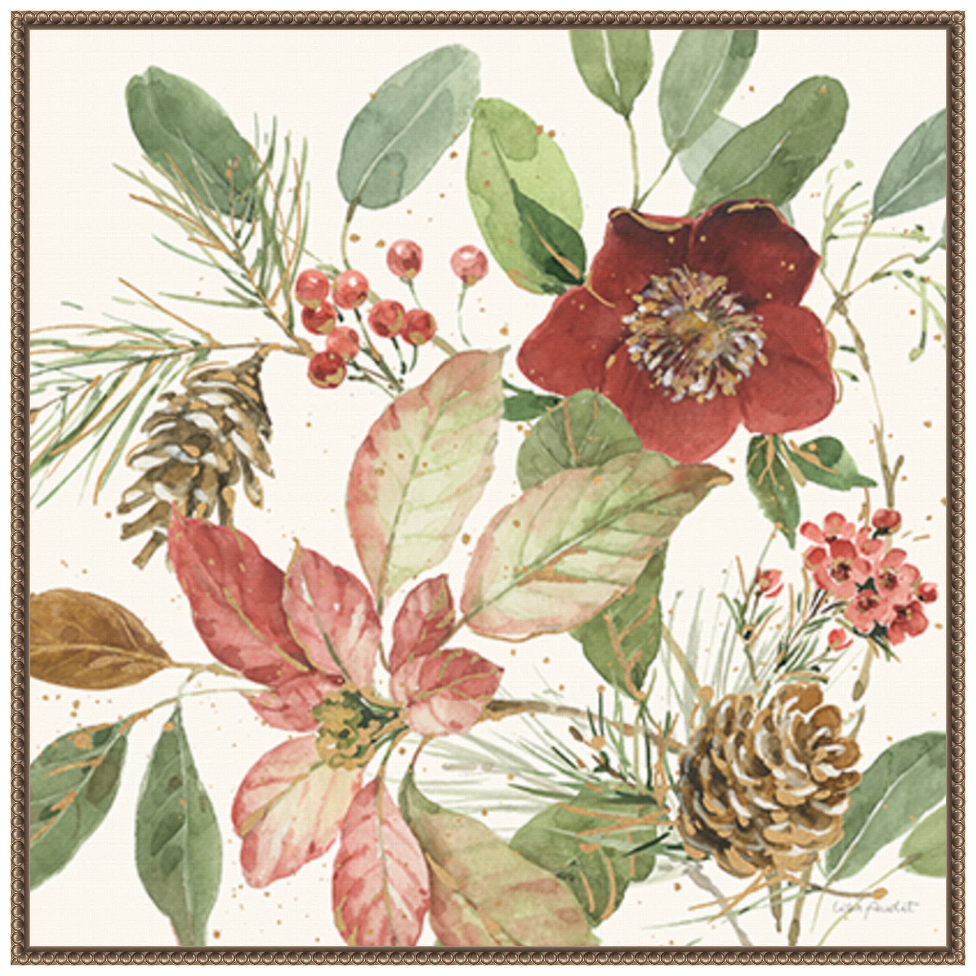 Winter Blooms II 30"x30" Botanical Christmas Canvas Print with Beaded Frame