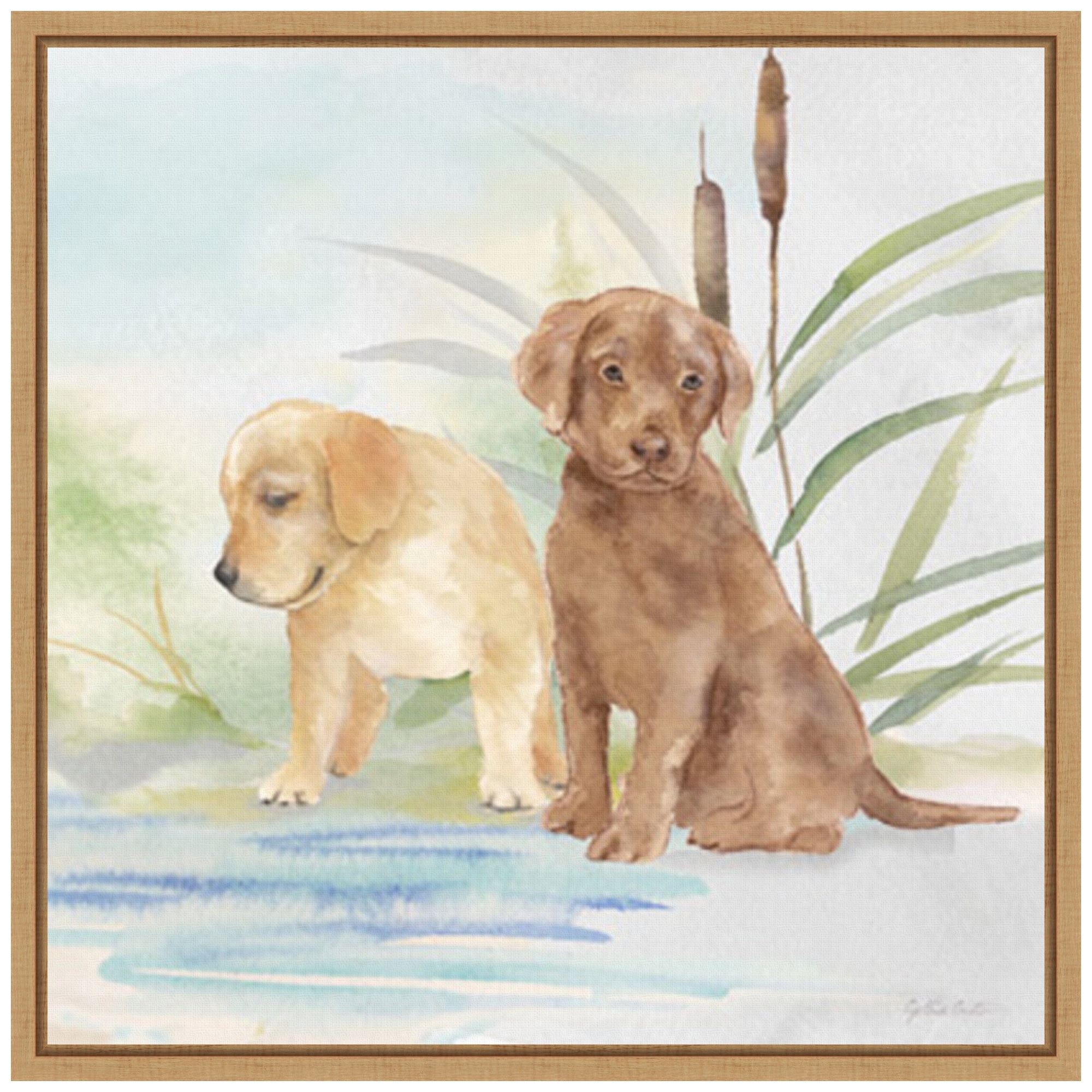 Woodland Dogs II Watercolor Canvas Art with Maple Frame