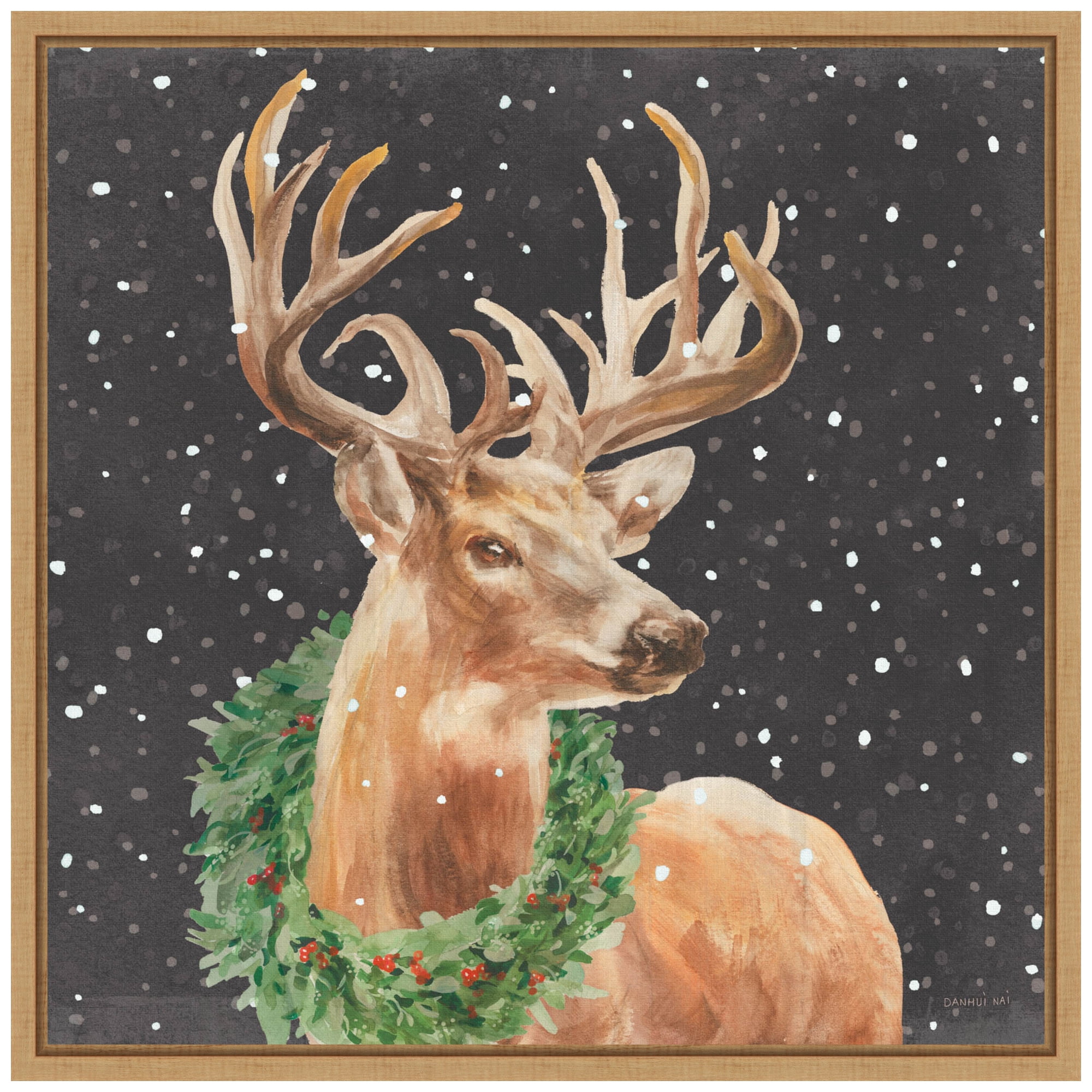 Natural Framed Christmas Deer Canvas Print with Wreath, 22 x 22 Inches
