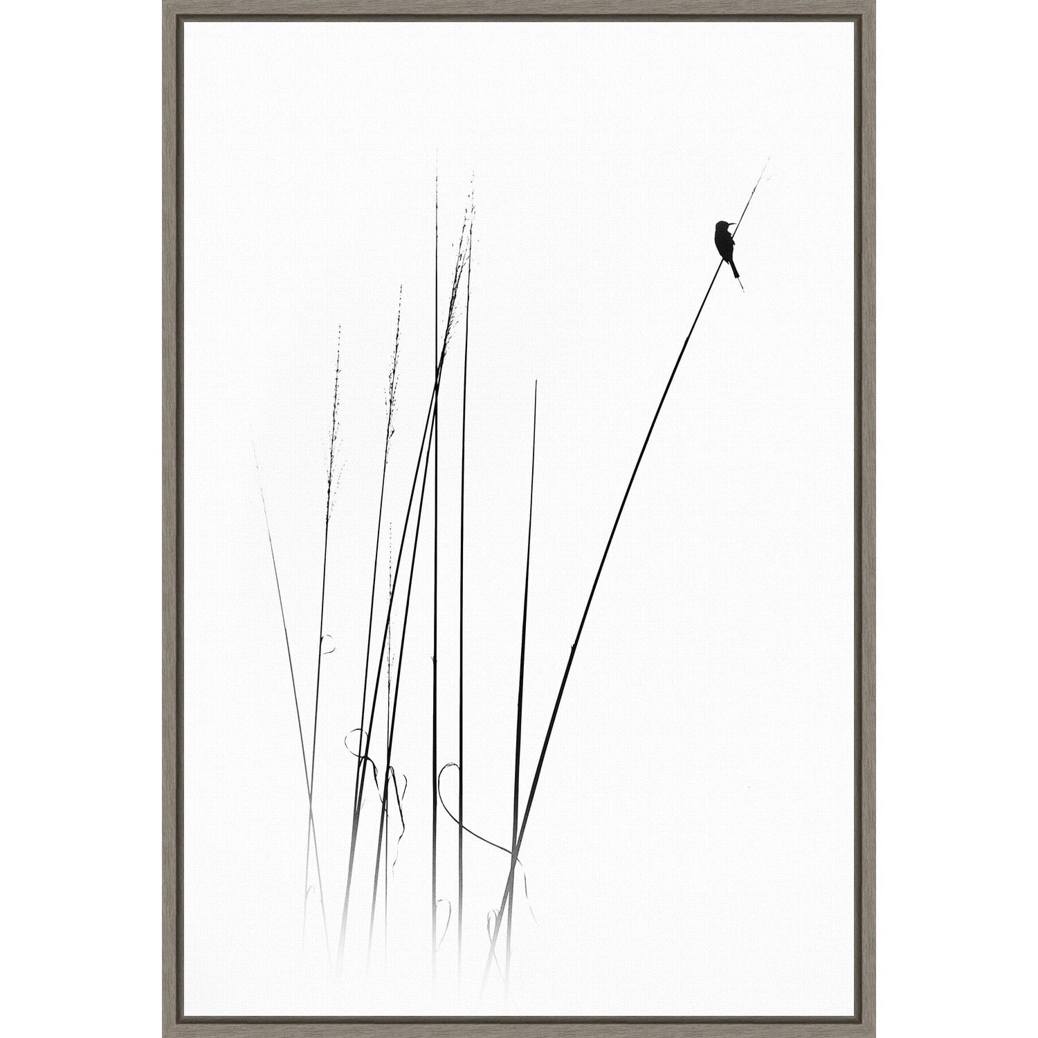 Minimalist Black and White Bird Canvas Print with Gray Frame