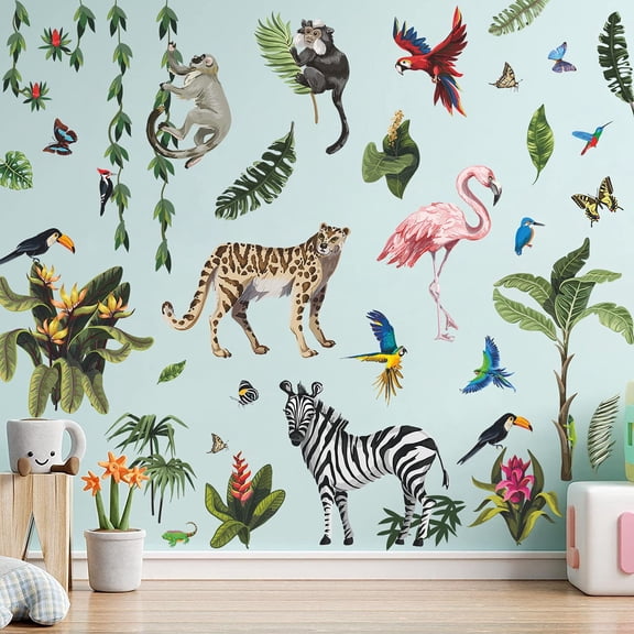 Amaonm Removable 3D Nature Wildlife Animals with Plants Green Leaves Tree Vine Wall Sticker Monkey Birds Leopard Peel and Stick Decor Wall Decals for Home Wall Kids Baby Bedroom Living Room Nursery