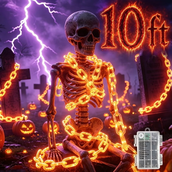 Amaopus 10 FT Halloween Decorations Plastic Chain Lights - 160 LED Waterproof String Light with 8 Modes & Timer - Battery Operated Lighted Prop Chains for Haunted House, Yard Skeleton, Dog, Party