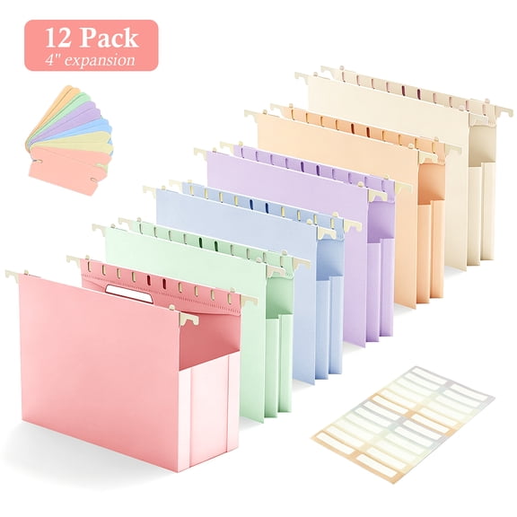 Amaopus 12 Pack Expanding Hanging File Folders, 4 Inch Extra Capacity Plastic Hanging File folders Letter Size, Heavy Duty for Filing Cabinet, Home and Office File