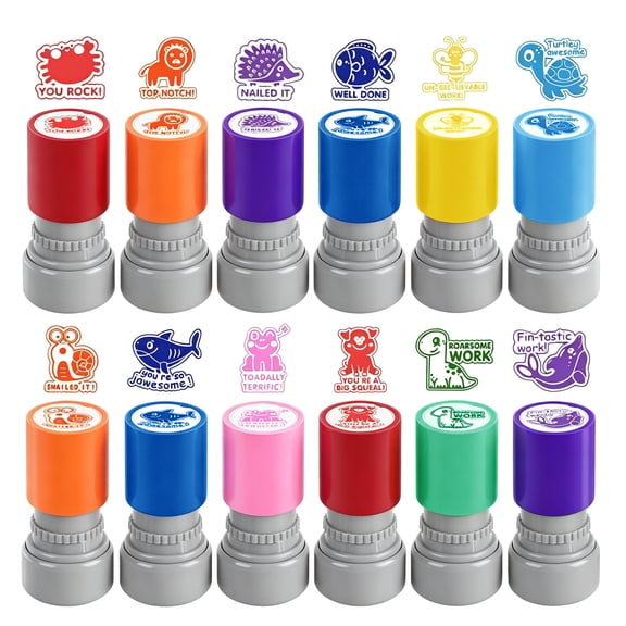Amaopus 12 Pcs Teacher Stamps for Classroom, Self-Inking Rubber Colorful Stamps Classroom Rubber Stamp for Grading Homework Test Motivation Students Supplies