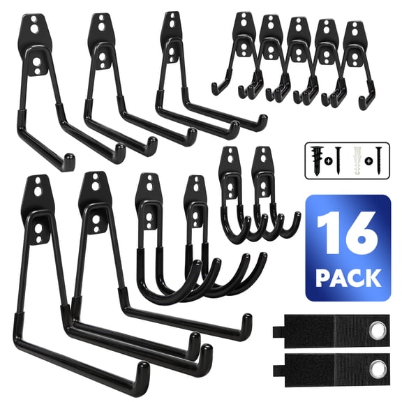 Amaopus 16 Pack Garage Storage Hooks Heavy Duty, Anti-Slip Coating, Utility Steel Wall Mount Tool Organizer for Hanging Garden Tools, Bike, Ladders and Bulky Items