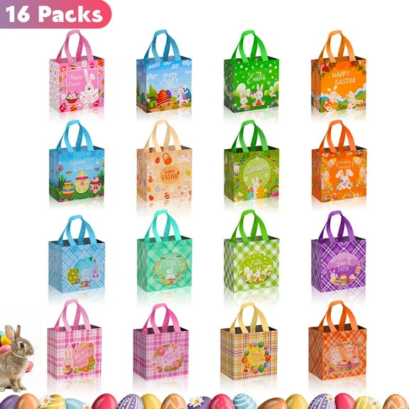 Amaopus 16 Pcs Easter Gift Bags, Easter Tote Bags with Handles, Large Easter Bags Reusable Non-Woven, Bunny Easter Egg Hunt Party Treat Bag for kids, Waterproof Goodie Tote Bags for Holiday Favors
