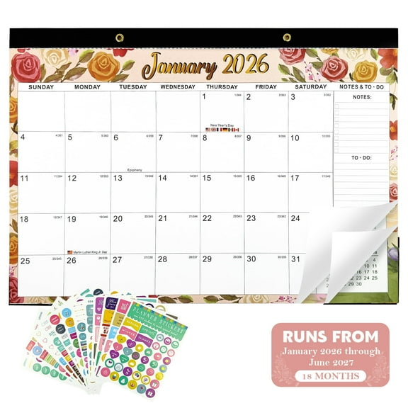 Amaopus 2026 Calendar, 18 Months Desktop Calendar, 17" x 12" Large  Wall Calendar Runs from Jan. 2026 to Jun. 2027 with Stickers for Home School Office Desk Top Organizing