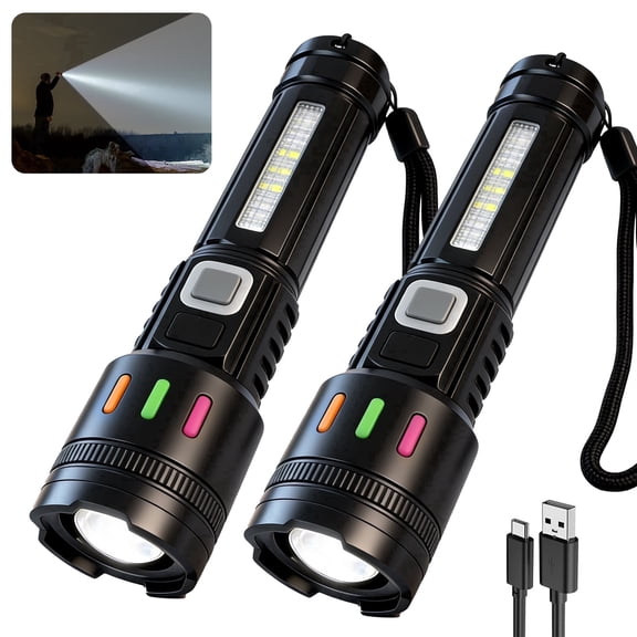 Amaopus 2 Pack LED Rechargeable Flashlights, 5 Modes Super Bright High Lumens Flashlights, Zoomable Tactical Flashlight with LCD Display, Waterproof Flashlights for Home Emergency Camping & Gifts Men