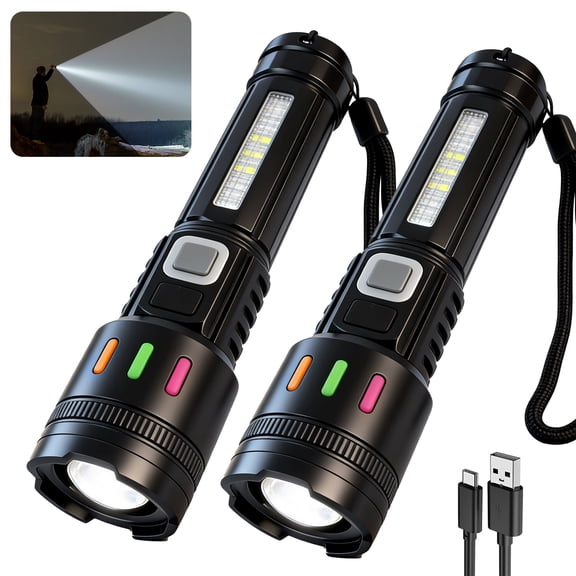 Amaopus 2 Pack LED Rechargeable Flashlights, 5 Modes Super Bright High Lumens Flashlights, Zoomable Tactical Flashlight with LCD Display, Waterproof Flashlights for Home Emergency Camping & Gifts Men