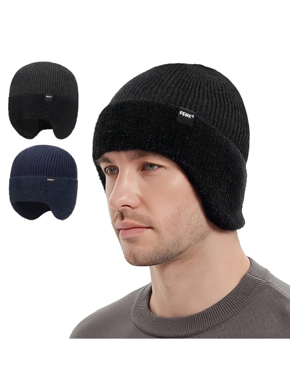 2 Pack Winter Beanie Hats for Men Women, Fleece Lined Beanie Soft Warm Knit Hat with Earflap, Outdoor Warm Thermal Knitted Hat Stocking Caps
