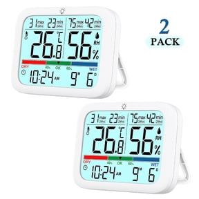 Amaopus 2 Pcs Mini Digital Indoor Thermometer Hygrometer Clock, Room Temperature Humidity Monitor with Calibration, Backlight, Air Comfort Indicator, 24H Max Min Record, Time, Date, Alarm for Home