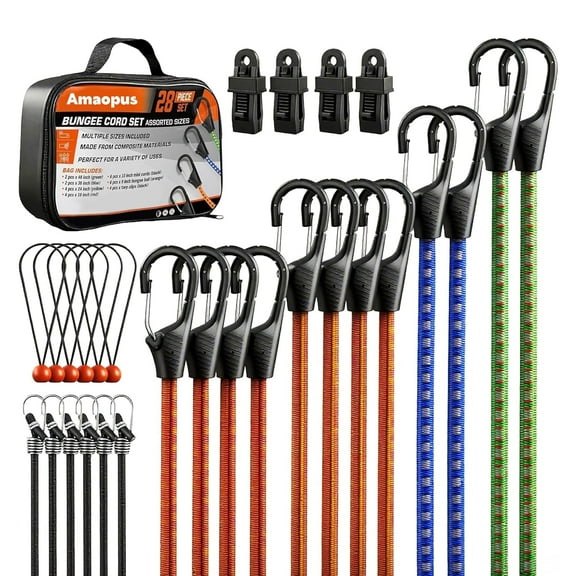 Amaopus 28 Pcs Bungee Cords with Carabiner Hooks, Heavy Duty Assorted Sizes(48", 36", 24", 18", 10"), Includes Ball Bungees, Tarp Clips, Mini Straps & Organizer Bag, Ideal for Home & Outdoor Use