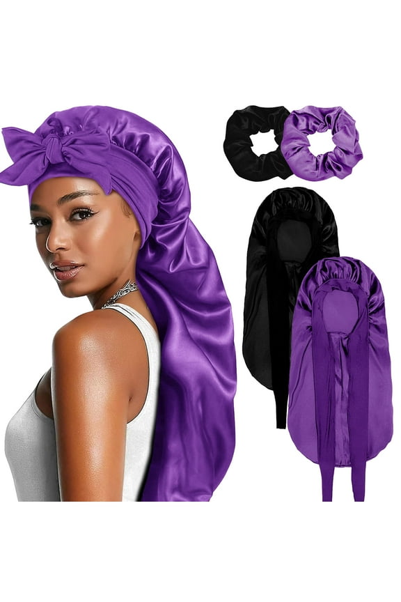 2PCS Long Satin Bonnet for Women, Double Layer Elastic Hair Bonnet with 2 Scrunchies & Adjustable Tie Band, Long Satin Bonnet for Sleeping Women Braids Curly Hair (Purplr, Black)