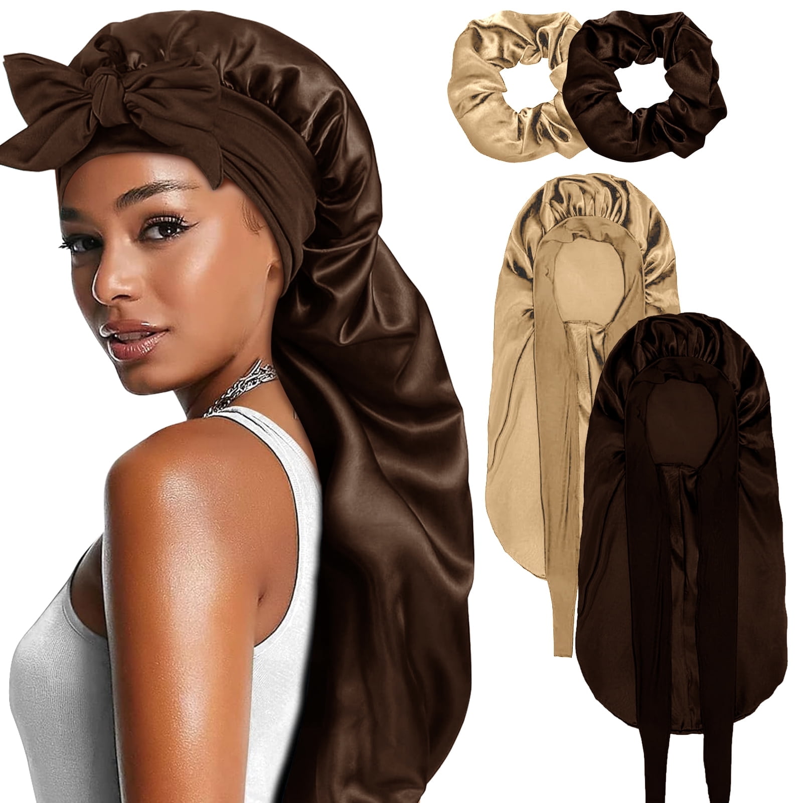 Amaopus 2PCS Long Satin Bonnet for Women, Double Layer Elastic