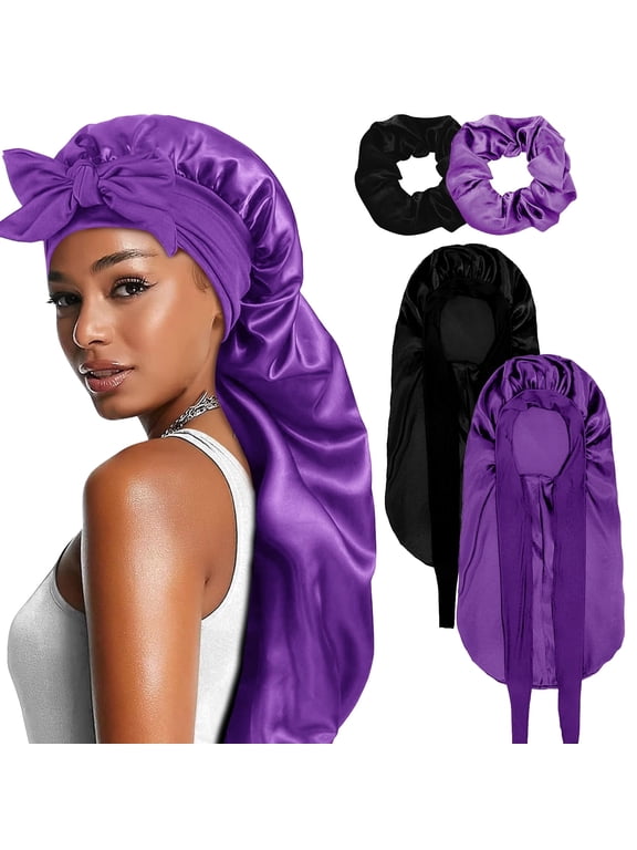2PCS Long Satin Bonnet for Women, Double Layer Elastic Hair Bonnet with 2 Scrunchies & Adjustable Tie Band, Long Satin Bonnet for Sleeping Women Braids Curly Hair (Purple, Black)