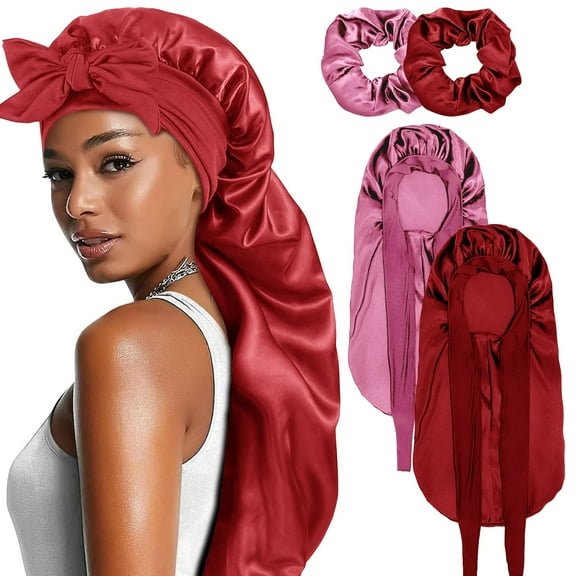 Amaopus 2PCS Long Satin Bonnet for Women, Double Layer Elastic Hair Bonnet with 2 Scrunchies & Adjustable Tie Band, Long Satin Bonnet for Sleeping Women Braids Curly Hair (Red, Pink)