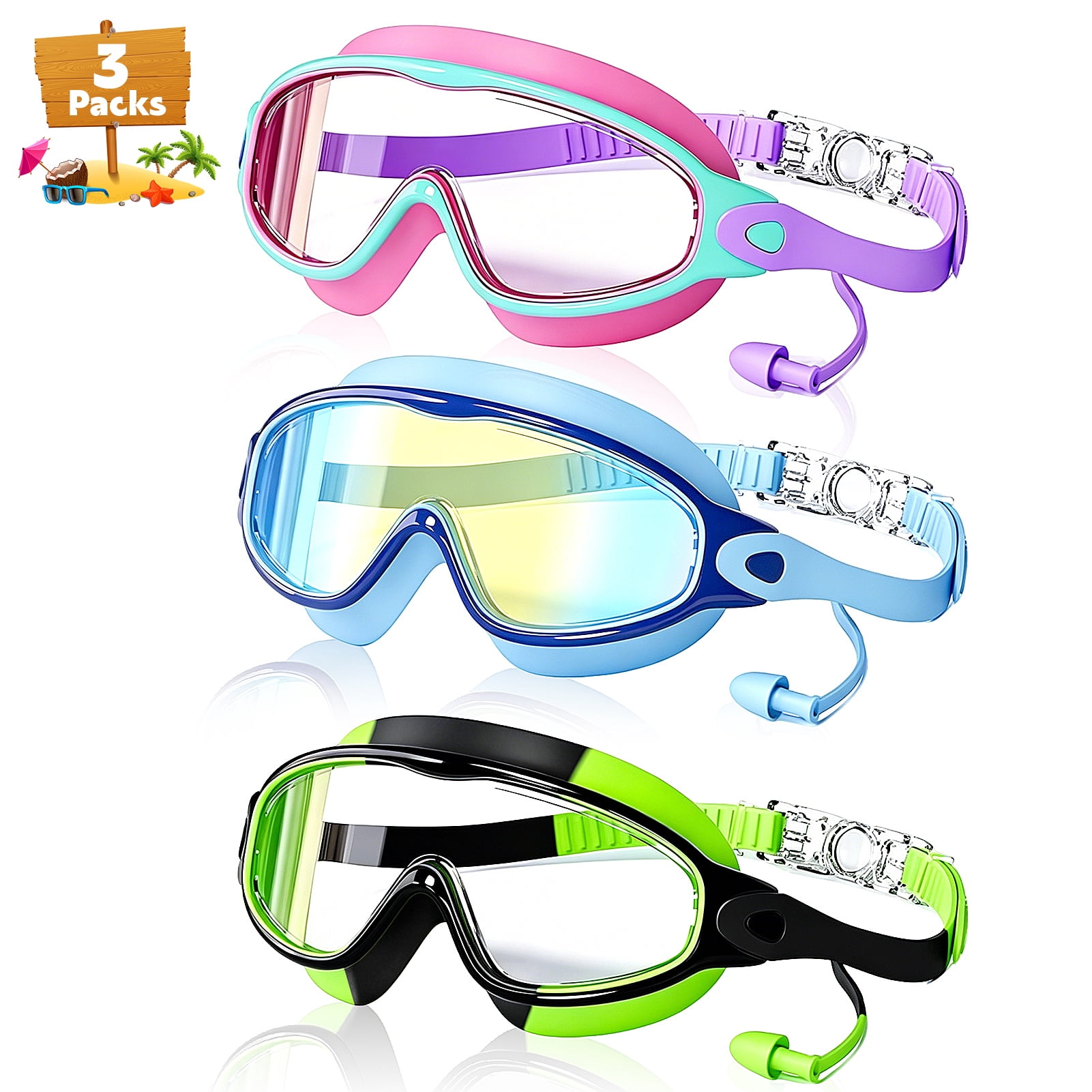 Amaopus 3 Pack Swimming Goggles for Kids Youth Adults, Wide View Anti ...