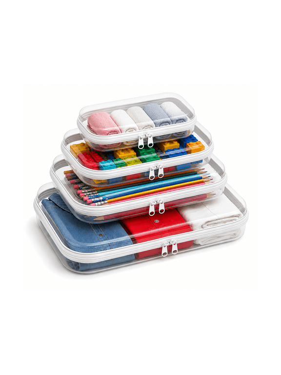 4 Pack Clear Hard Shell Zipper Case, Transparent Hard Storage Pouches, Multi-Size Portable Travel Organizer, Cosmetic Toiletry Bag for Daily & Electronics Storage