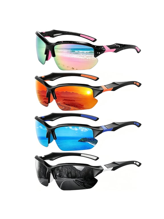 4 Pack Polarized Sports Sunglasses for Men, UV 400 Protection Half Frame Sunglasses, Lightweight AR Coating Sport Shades for Cycling, Fishing, Driving