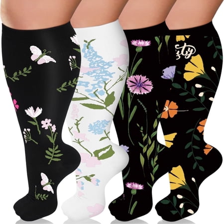 Amaopus 4 Pairs Plus Size Compression Socks, Wide Calf Compression Socks for Women and Men (3XL)