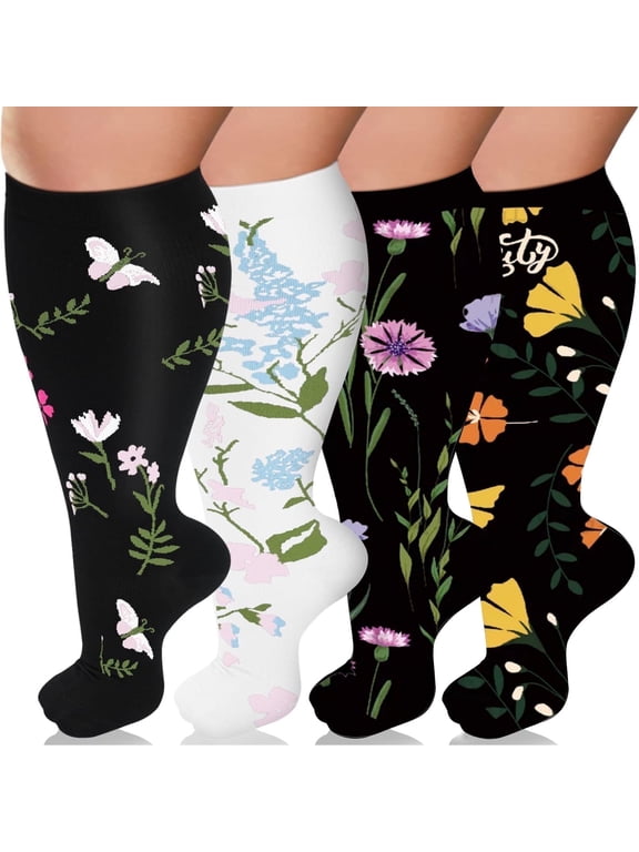 4 Pairs Plus Size Compression Socks, Wide Calf Compression Socks for Women and Men(2XL)